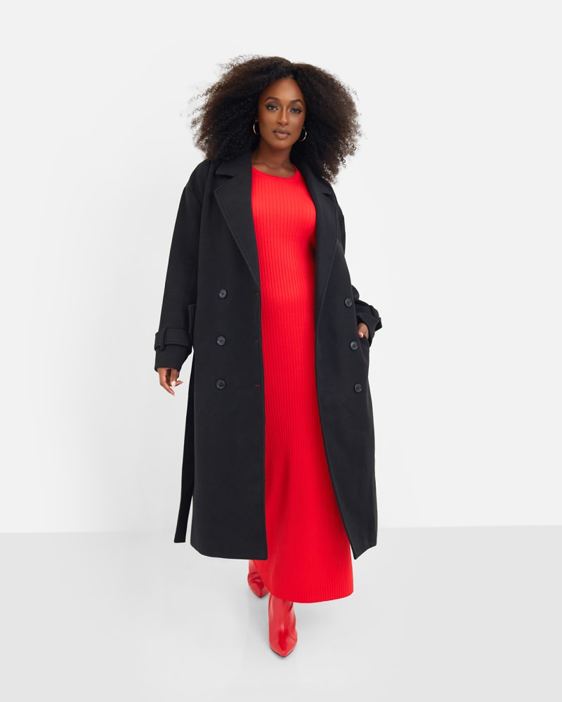 Front of a model wearing a size 5x Hazel Structured Belted Coat - Black in Black by Rebdolls. | dia_product_style_image_id:324316